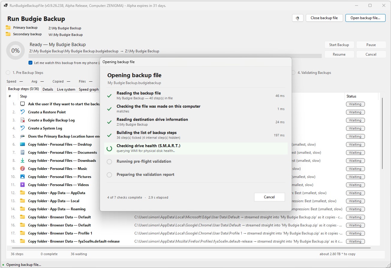 All Selected file sand folders are loaded and the backup state checked.