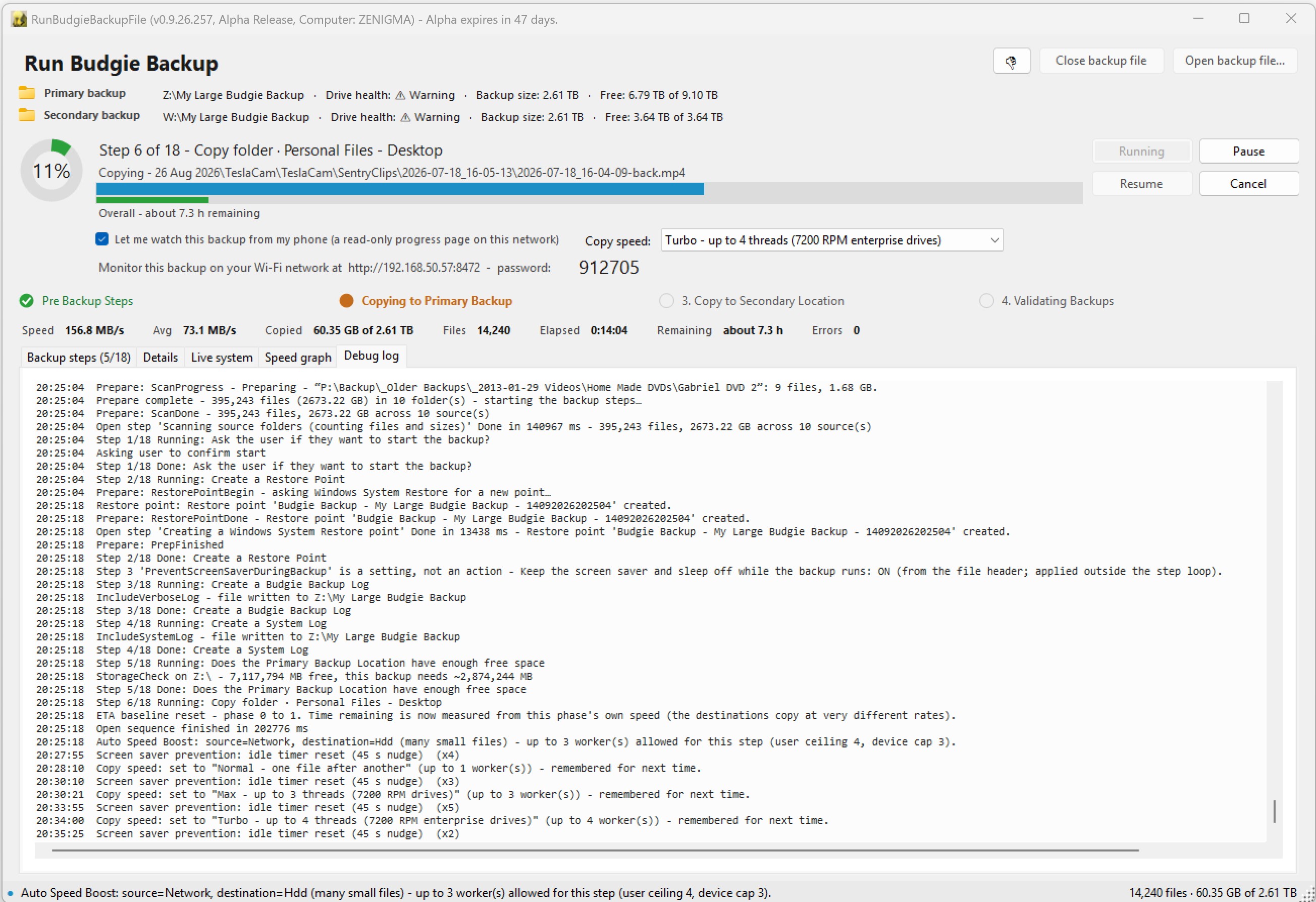 Backup Running (Debug Tab)